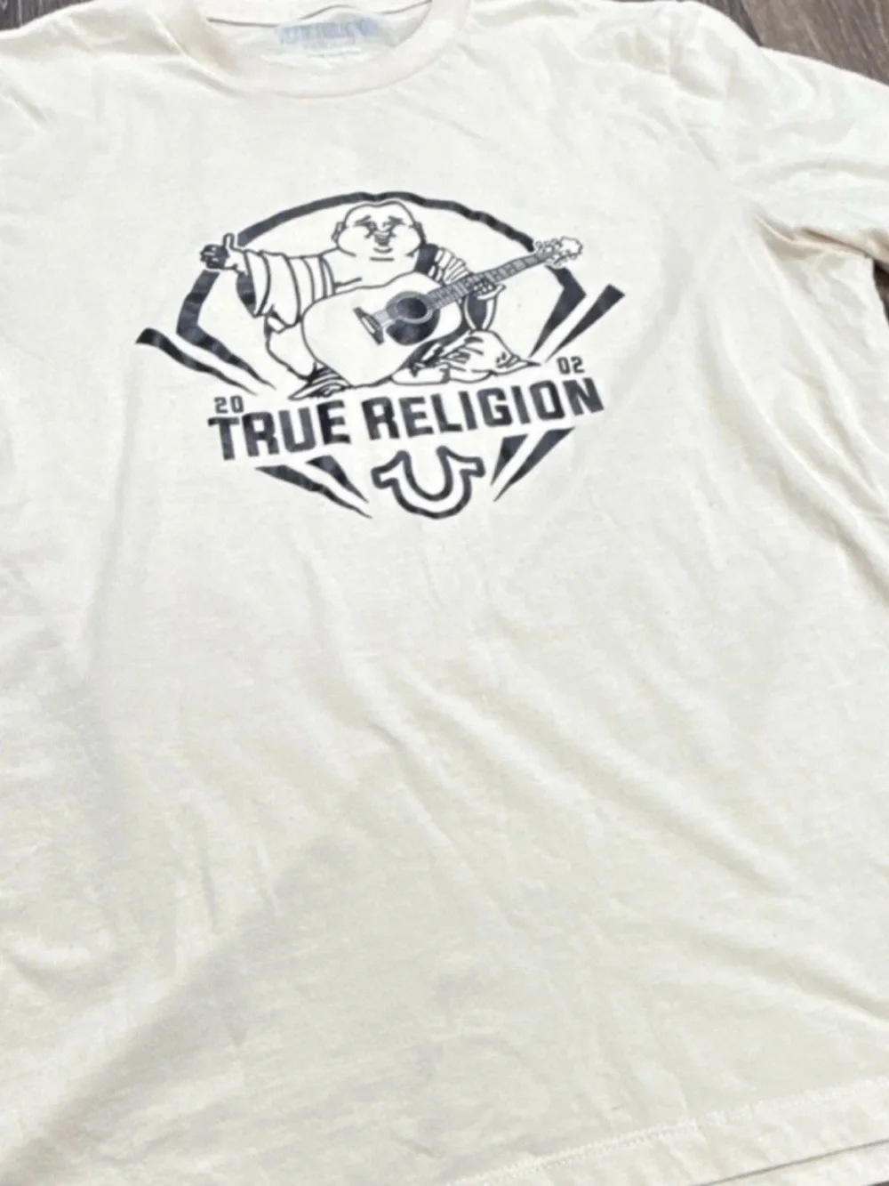 True Religion Cream Short Sleeve Graphic Tee with Black Logo